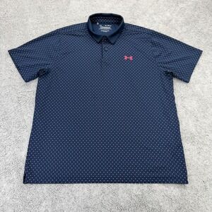 Under Armour Performance Polo Shirt Mens XL Blue Pink Polka Dot All Over Print